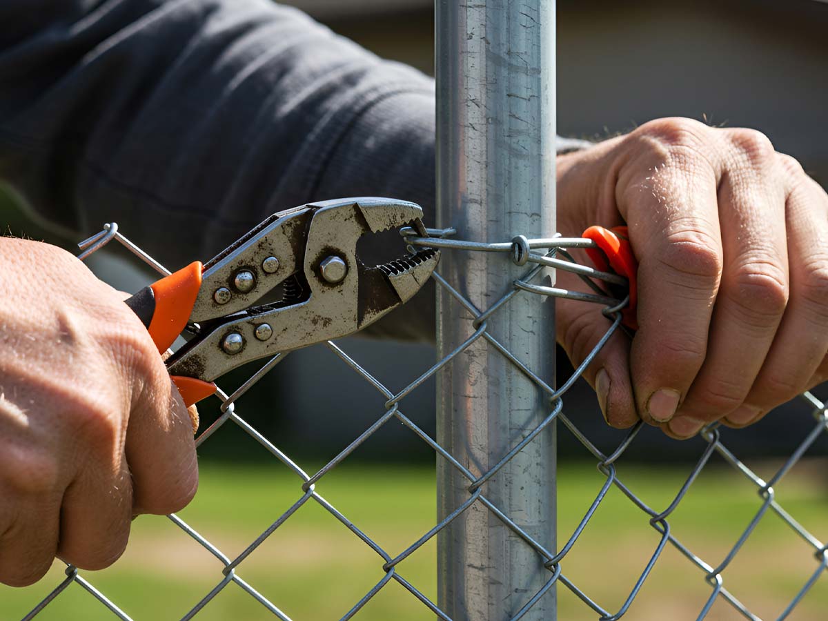 Worker holding vice grips repairing chain link fence tension.